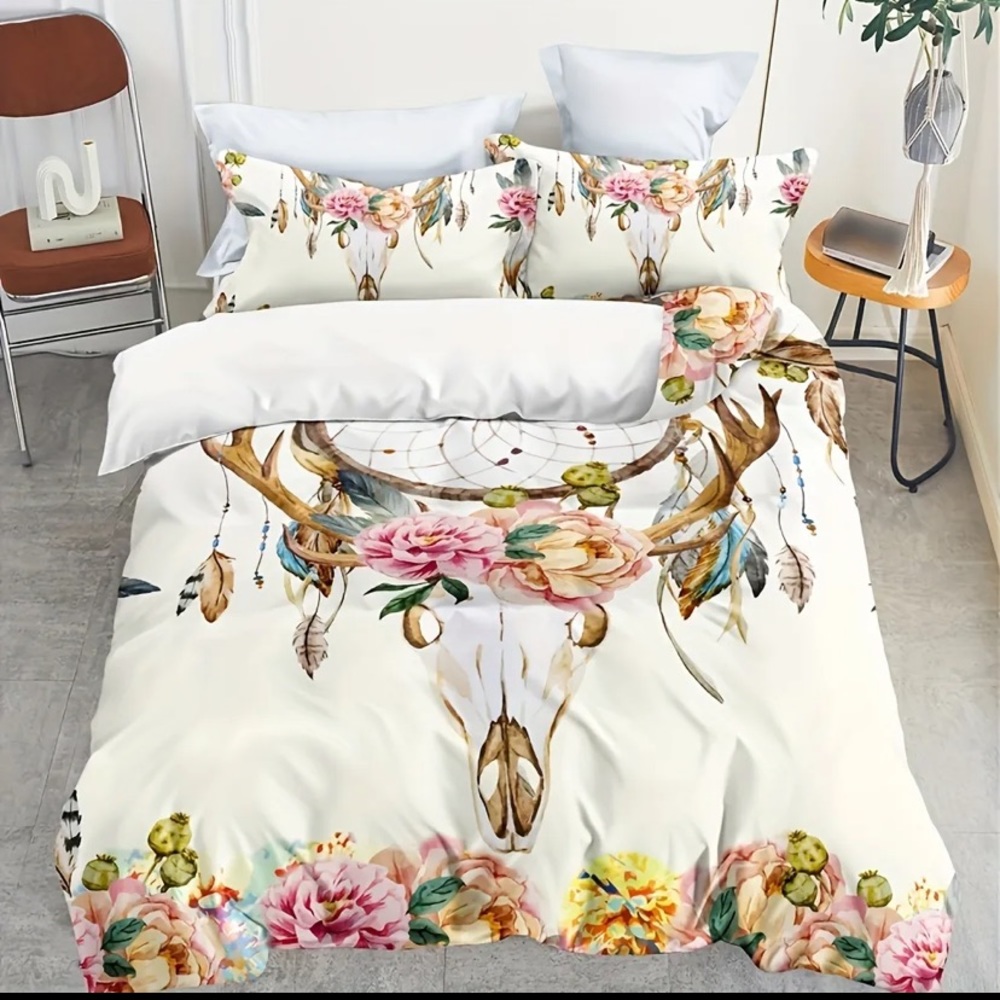 {NEW} 3Pcs Boho Duvet Cover Set Dream Catcher Deer's Head Bedding Set Queen